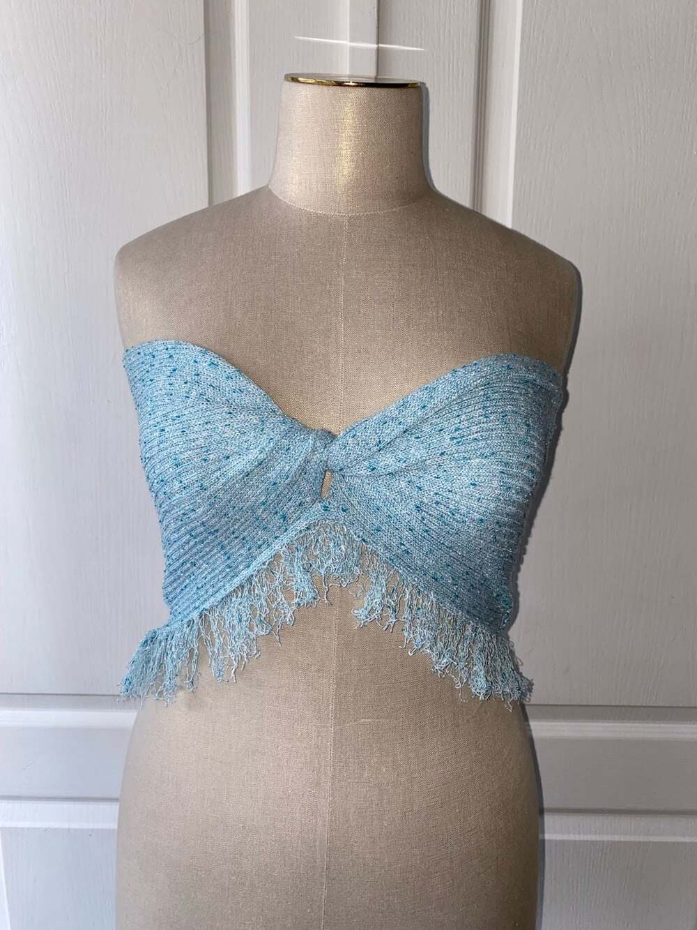 Princess Polly Blue Speckled Knit Twist Front Fringe Tube Top Size US 6